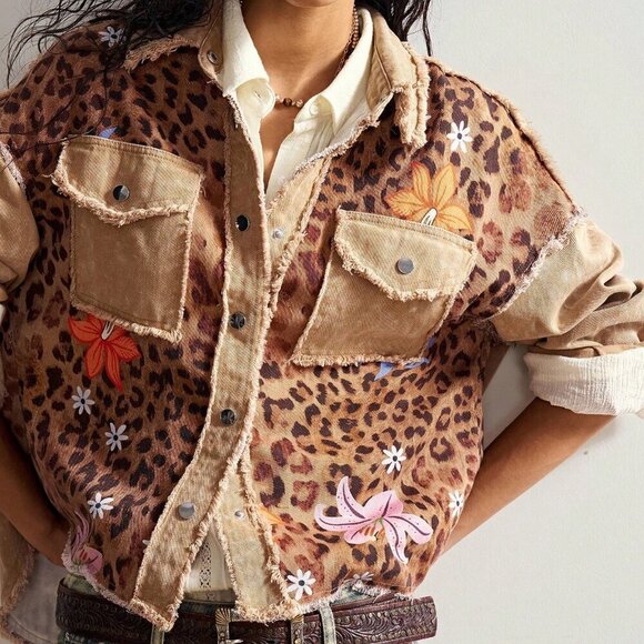 Brown Casual Women's Boho Leopard floral Print Jacket - Picture 1 of 7